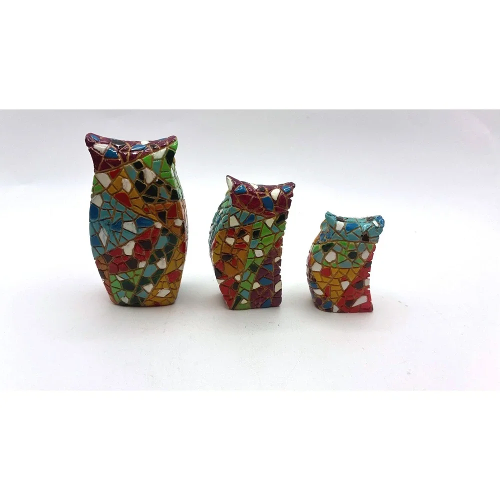 Mosaic Style Owl Gaudi Style Figurine Set 3in 2in 1.5in Multicolor Resin Decor